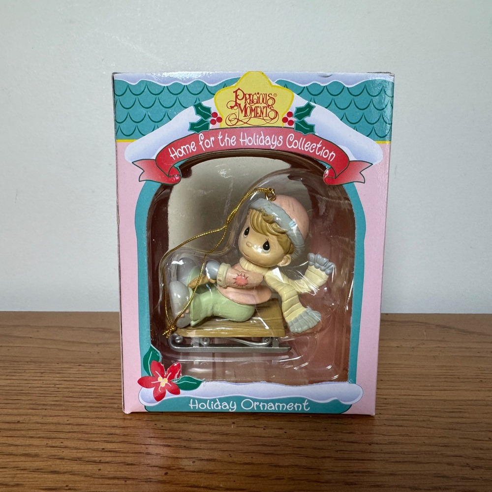 Precious Moments Home for‎ the Holidays Sledding Boy Ornament 182370 1995 Enesco